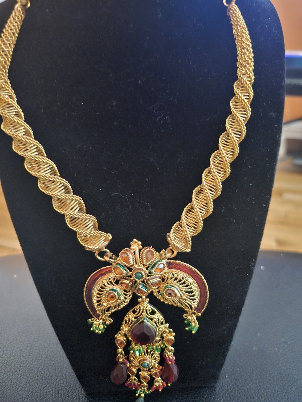 Gold-Tone Green & Maroon Statement Pendant Necklace